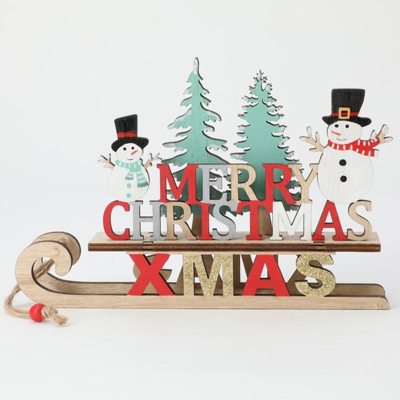 Wooden Decoration Merryxmas With Snowman N2BT